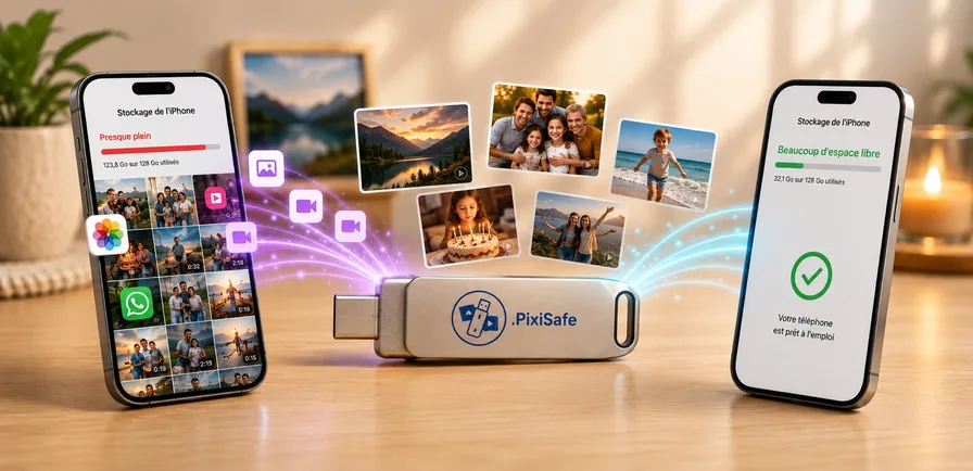 Avant / après : un iPhone presque plein, la clé PixiSafe, puis un iPhone avec beaucoup d'espace libre